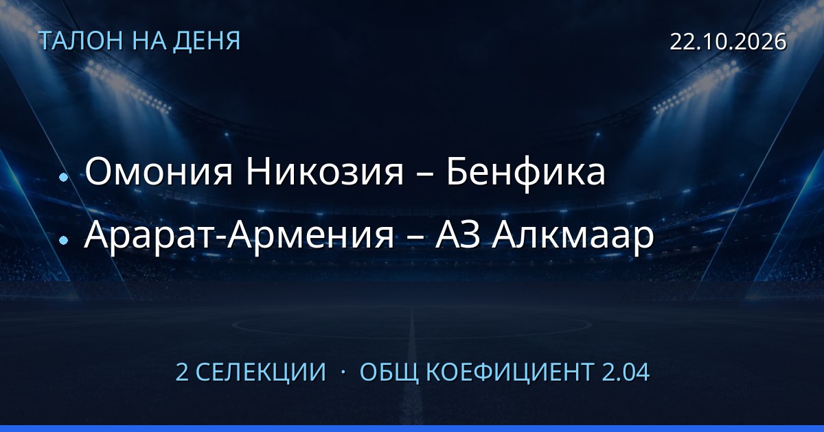 Талон на деня за 2026-10-22: Омония Никозия – Бенфика, Арарат-Армения – АЗ Алкмаар